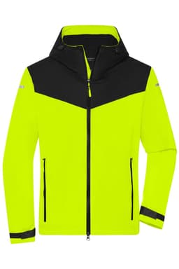 A yellow and black men's all-weather jacket with a hood, featuring zippered pockets and a logo.