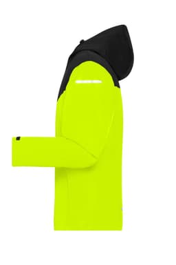 A bright yellow men's all-weather jacket with a black hood and reflective detailing. It features long sleeves.