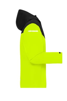 A bright yellow and black men's all-weather jacket featuring a hood and reflective detailing. It has a logo on the sleeve.