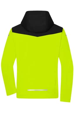 A bright yellow rain jacket with a black hood and shoulders, featuring long sleeves and reflective detailing.