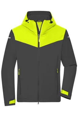 A men's all-weather jacket in grey with a bright yellow upper section and reflective accents, featuring a hood and zippered pockets.