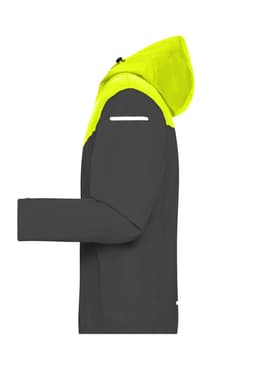 A men's all-weather jacket in black and bright yellow, featuring a hood and reflective detailing.