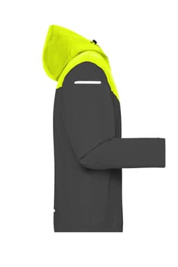 A men's all-weather jacket featuring a black body and a bright yellow hood, with reflective detailing and a logo.