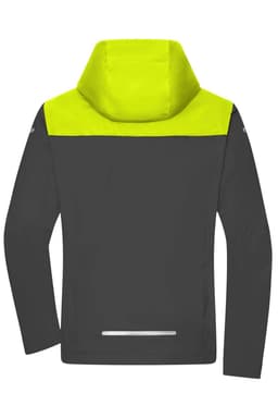 A men's all-weather jacket in black with a bright yellow hood and shoulder section, featuring a logo.