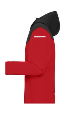 A red and black men's all-weather jacket featuring a hood and long sleeves, with a branding logo on the garment.
