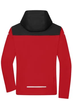 A red all-weather jacket with a black hood and upper portion, featuring a logo on the back.