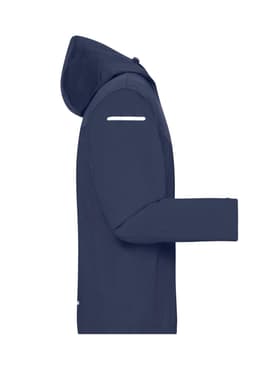 A navy blue all-weather jacket with a hood and a reflective detail on the sleeve, featuring a logo.