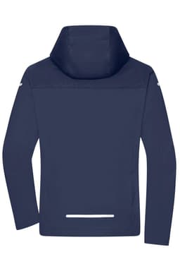A navy all-weather jacket with a hood, featuring a back view and a reflective strip at the hem. It has a logo.