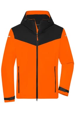 A men's all-weather jacket in bright orange with a black top section, featuring a zipped front and pockets.
