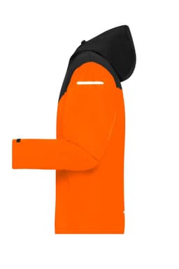 An orange and black men's all-weather rain jacket, featuring a hood and a reflective strip.