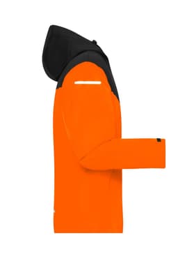 A men's all-weather jacket in bright orange with a black hood. Features reflective elements and a logo.