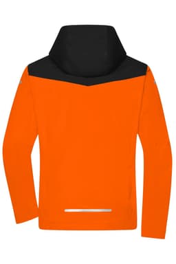 An orange and black men's all-weather jacket with a hood and reflective detailing on the back.
