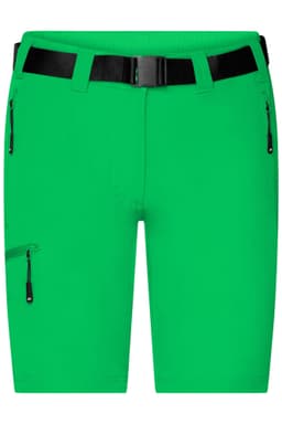 Green ladies trekking shorts featuring a belt, zippered pockets, and a sleek design with a logo.
