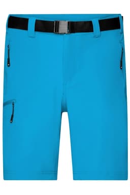 A pair of blue mens trekking shorts with side zippers and a black belt. The shorts have a smooth, durable fabric.