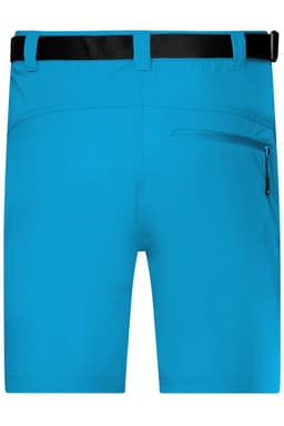 Bright blue men's trekking shorts featuring a zippered pocket and a black belt. The back view highlights the shorts' design.