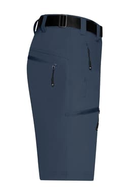 Navy men's trekking shorts featuring multiple zippered pockets and a black belt. The fabric appears lightweight and durable.