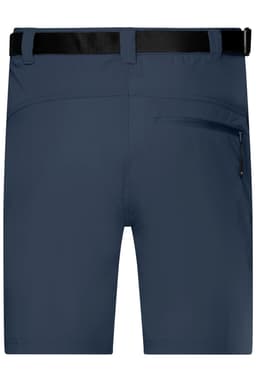 Navy men's trekking shorts with a belt and zippered pocket, featuring a smooth, durable fabric design.