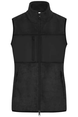 A black ladies fleece vest featuring a zip front, two side pockets, and a chest pocket. It has a sleek, modern design.