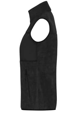 A black ladies fleece vest with a zippered pocket and sleeveless design. Features a high collar and soft texture.
