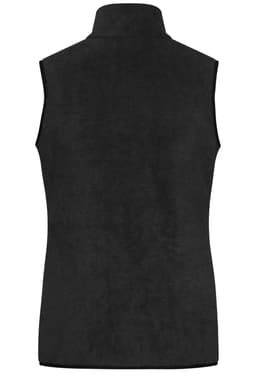 A black fleece vest with a high collar and no sleeves, featuring a visible logo.