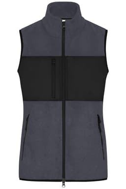 A grey and black ladies fleece vest with a high collar and zippered pockets. Features a logo on the front.