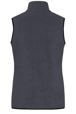 A grey ladies fleece vest with a high collar and no sleeves, featuring a logo.