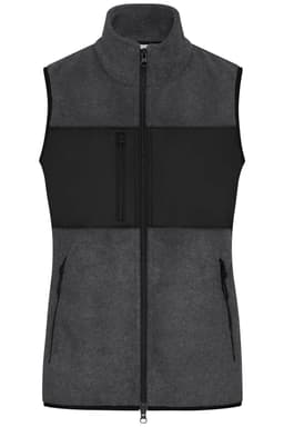 A grey ladies fleece vest with a black panel, featuring a front zip and multiple pockets. It has a logo.