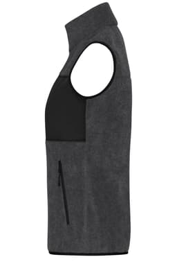 A grey ladies fleece vest with a black chest pocket and a zippered side pocket, featuring a logo.