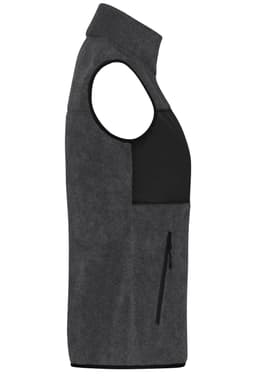 A grey ladies fleece vest with a black panel and zippered pockets. Features a high collar and sleeveless design.