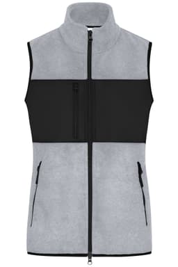 A grey and black ladies fleece vest featuring a high collar and multiple zippered pockets.