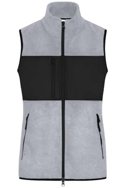 A light grey fleece vest with a black panel, featuring a full zip and multiple pockets.