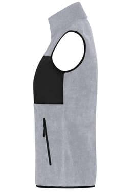 A light grey fleece vest with a black front pocket and zipper details, featuring an upright collar.