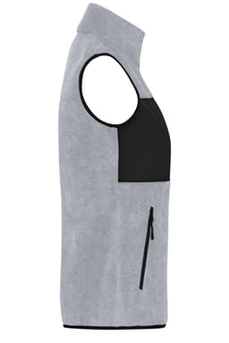 A grey ladies' fleece vest with a black panel and a zippered pocket on the front. Features a logo.