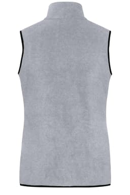 A grey ladies fleece vest featuring a high collar and no sleeves, with contrasting trim. It includes a logo.