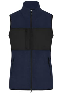 A navy fleece vest featuring a black panel, with a zip front and multiple pockets.