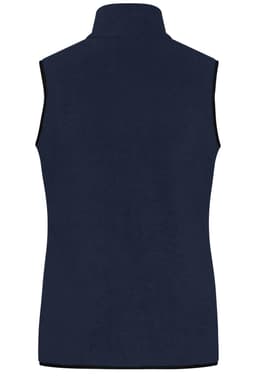 A navy ladies fleece vest with a high collar and no sleeves, featuring a branding logo.