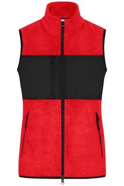 A red fleece vest with a black panel and zippered pockets. Features a high collar and a logo.