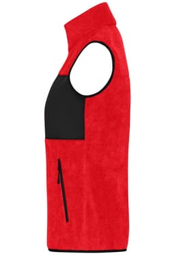 A red fleece vest with a black panel and a zippered pocket, featuring an armhole design.
