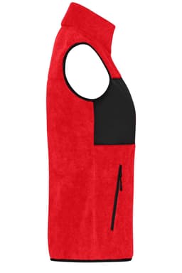 A red fleece vest with a black panel on the front and side pockets. It features armholes and a high collar.