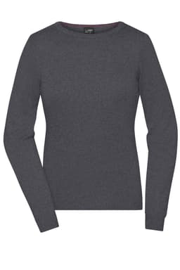A grey round-neck pullover with long sleeves and a fitted design. It features a logo on the label.