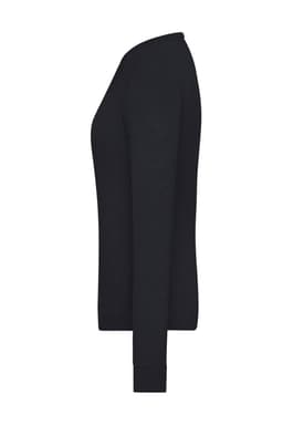 A black ladies round-neck pullover, displayed from the side, featuring long sleeves and a fitted design.