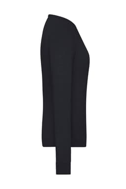 A black ladies round-neck pullover jumper, featuring a fitted silhouette and long sleeves. Includes a logo.