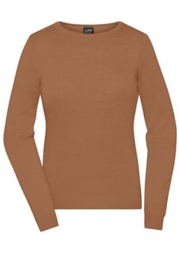A ladies round-neck pullover in a warm brown colour, featuring long sleeves and a logo.
