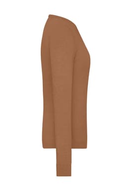 A brown ladies round-neck pullover jumper, featuring a fitted silhouette and long sleeves.