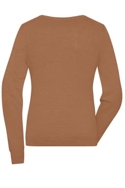 A brown ladies round-neck pullover, featuring a knitted design and long sleeves. The back view is displayed.