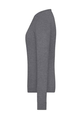 A grey ladies' round-neck pullover with long sleeves, displayed from the side. It features a simple design and a logo.