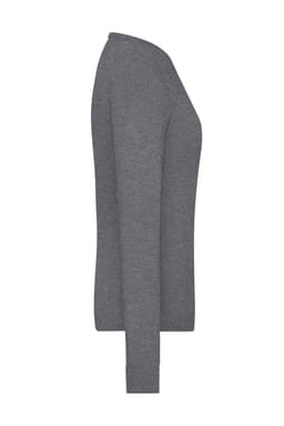 A grey ladies' round-neck pullover displayed from the side, featuring long sleeves and a fitted design.