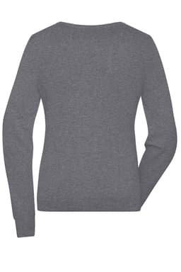 A grey ladies round-neck pullover jumper with long sleeves, featured from the back view. It has a logo.