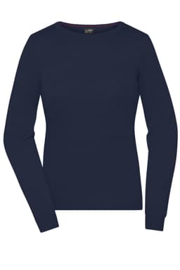 A ladies' round-neck pullover in navy, featuring long sleeves and a fitted design. Includes a logo on the label.