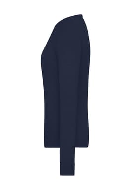 A ladies round-neck pullover in a dark navy colour, featuring long sleeves and a fitted design.